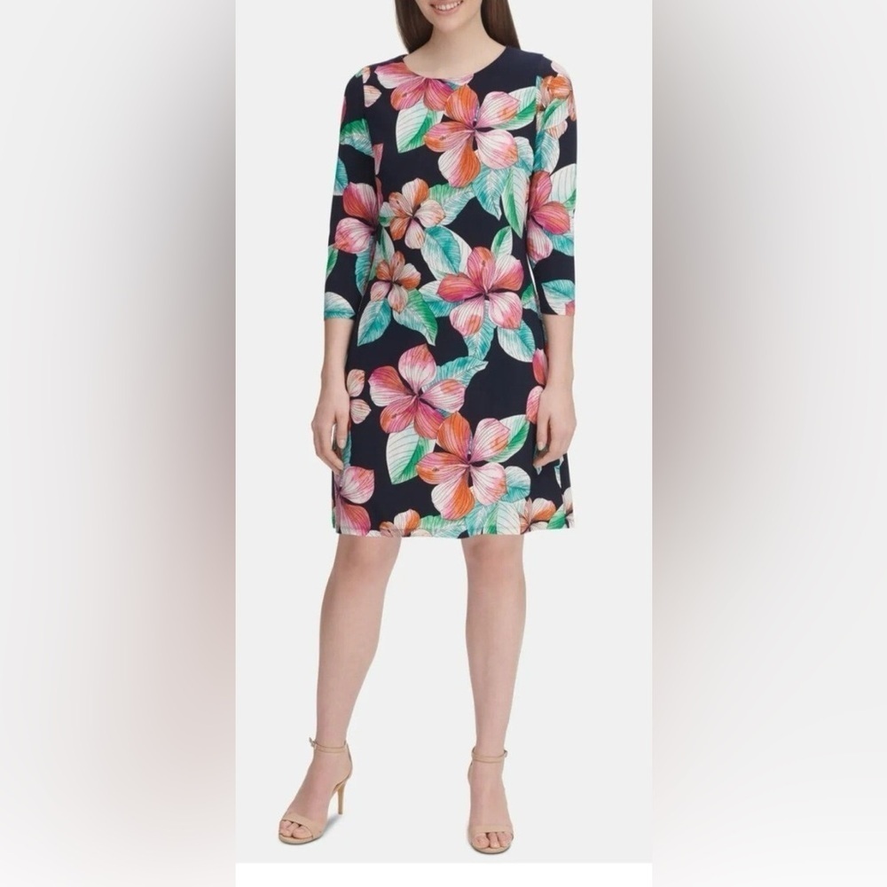 TOMMY HILFIGER Navy/Floral Fit N Flare 3/4 Sleeve Dress Size 12 NEW